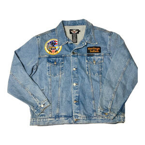Vintage Harley Davidson Denim Jacket Embroidered Patch Blue Biker XLARGE Men
